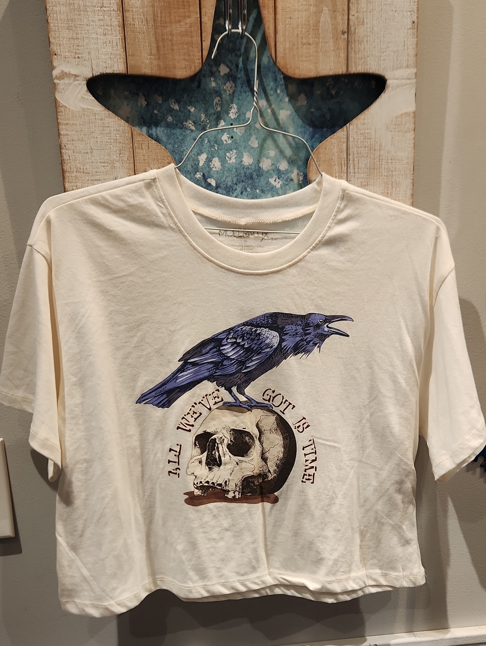 Modern Lux Cream Tee with Navy Raven and Brown Skull Graphic